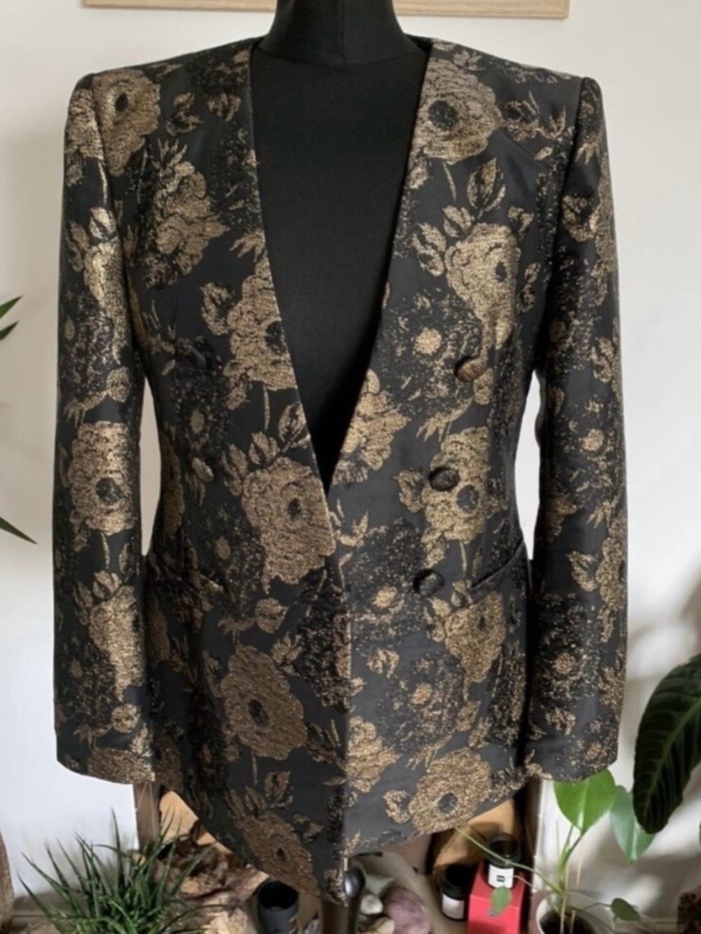 Zara Black and Gold Floral Jacquard Double Breasted Blazer